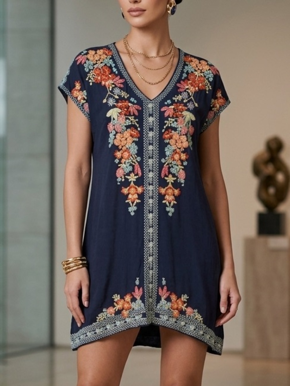 Johnny Was Navy Blue Embroidered Floral Cupra Rayon V-Neck Tunic Top Large